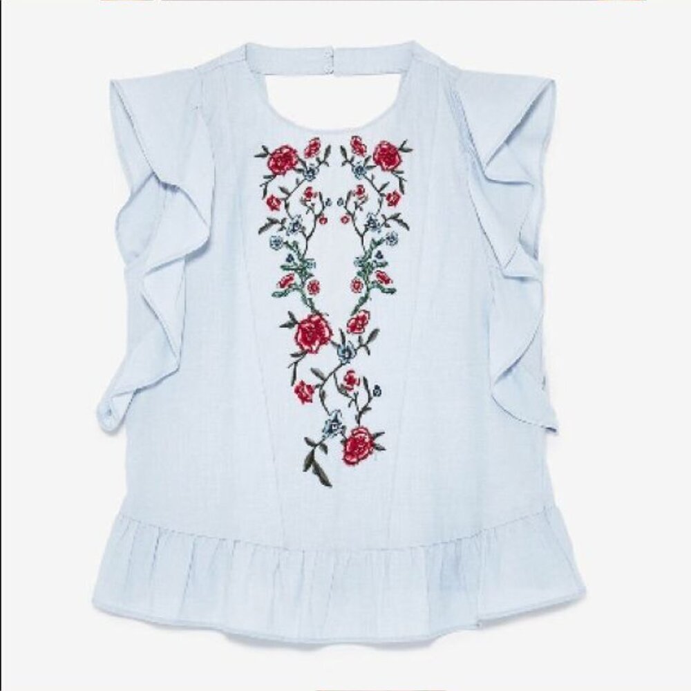 Zara Light Blue Beaded Floral Embroidery Ruffle Sleeveless Blouse with Open Back - Picture 3 of 9